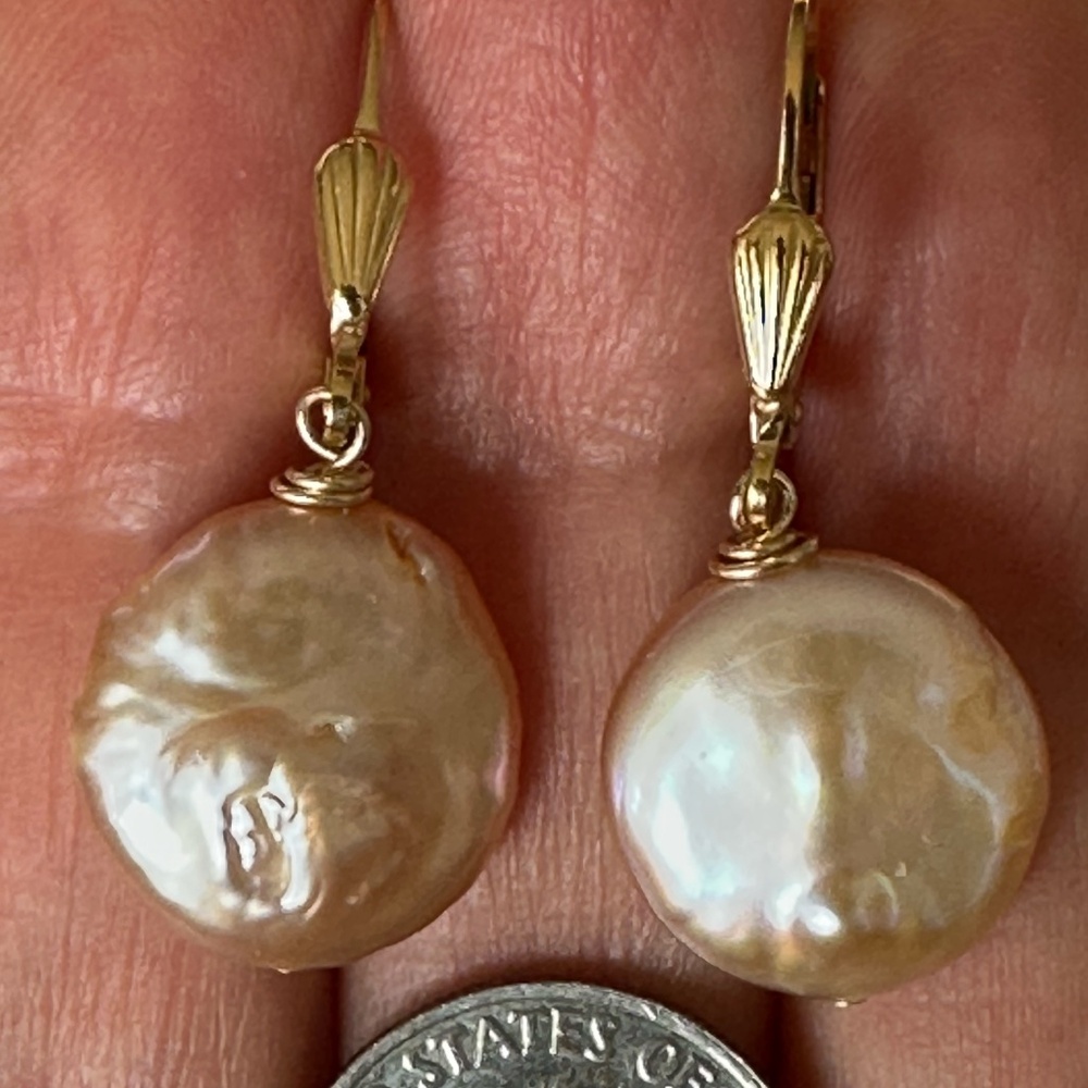 13.7mm NATURAL Color Coin Pearl 14K Yellow Gold Filled Leverback Earrings - Picture 4 of 8
